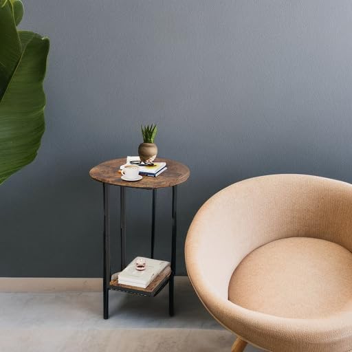 Hosfais Small Side Table End Table, C Shaped Barrel Coffee Table with Metal Frame, Wooden TV Tray for Living Room, Bedroom, Couch, Small Spaces (Rustic Brown)