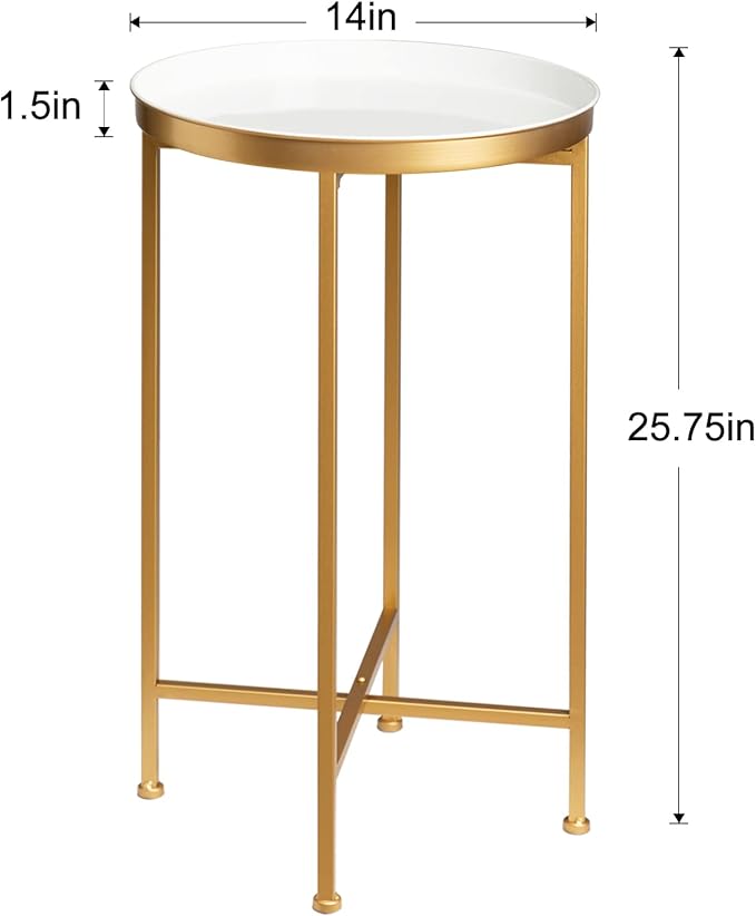danpinera Gold Side Table, Metal Folding Black Side Table Small Round Circle End Table with Tray Top Waterproof Black Nightstand for Bedroom Living Room Small Spaces 25.75 Inch