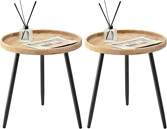 LITA 2 Pcs Round Side End Table, Nightstand Tables, Log Desktop, Wooden Tray Table with Black Metal Stand End Table for Living Room Bedroom Office Small Spaces (M)