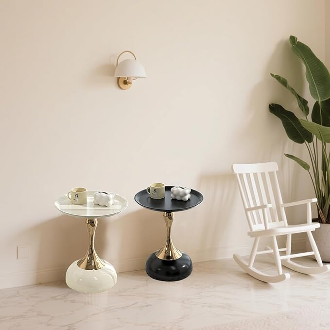 Modern Round Side Table with Gold Pedestal Base, Black Metal Top, Accent End Table for Living Room (Cream White+Black)