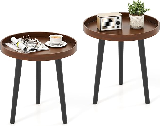Giantex Round End Table Set of 2, Mid Century Modern Side Tables with Wooden Tray & Bamboo Legs, Sofa Couch Accent Table, Small Coffee Table for Small Space Living Room, Nightstand for Bedroom, Walnut