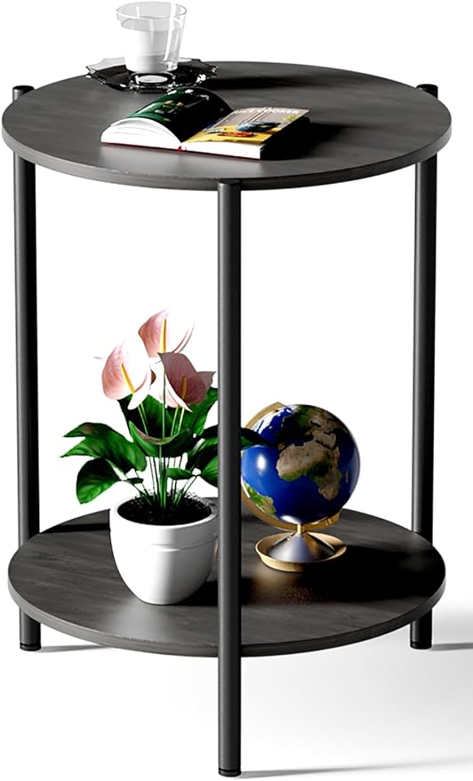 Round Side Table, 2-Tier Circle End Tables with Storage Wood Rustic 15.75" Small End Tables Farmhouse Side Table for Living Room Bedroom Balcony Small Spaces - Grey