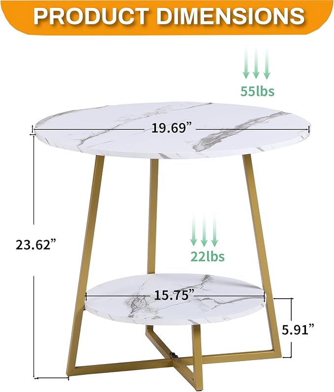 D&H FURNIMMT 20" Living Room Side Table for Small Spaces, 2 Tier Wood Top Round End Tables with Storage Shelf, Accent Sofa Table for Bedroom, Office, Sunroom, Balcony, White Faux Marble/Gold
