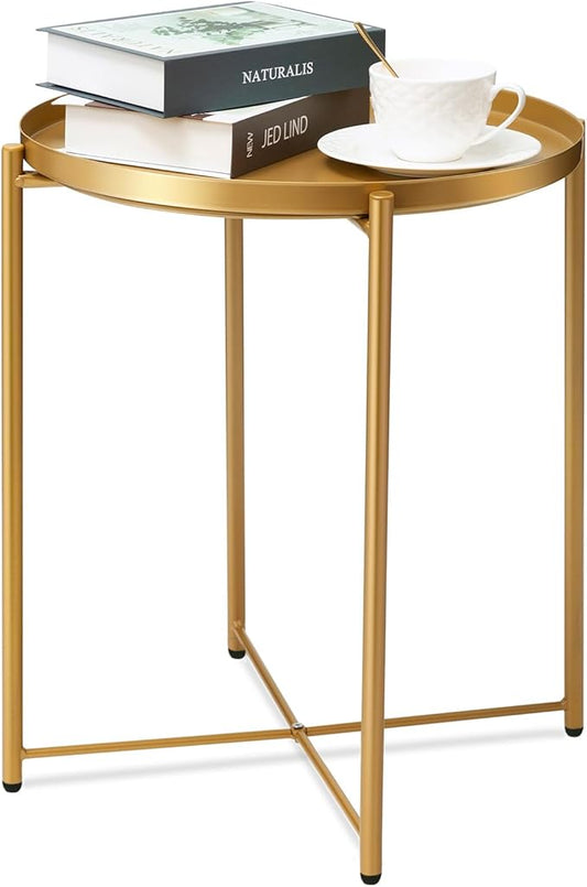 danpinera Gold Side Table 2 Pack, End Table for Small Spaces Outdoor Accent Table Round Metal Patio Coffee Table Waterproof Removable Tray for Living Room Bedroom Balcony Office