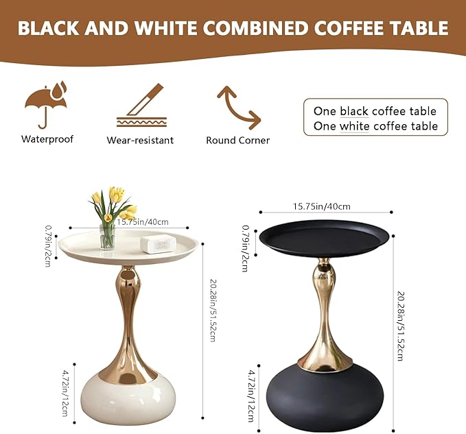 Modern Round Side Table with Gold Pedestal Base, Black Metal Top, Accent End Table for Living Room (Cream White+Black)