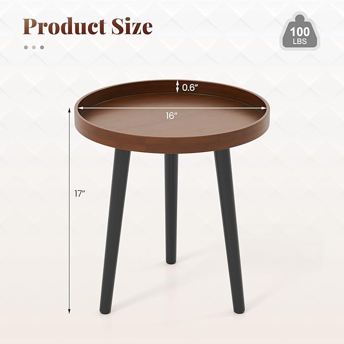 Giantex Round End Table Set of 2, Mid Century Modern Side Tables with Wooden Tray & Bamboo Legs, Sofa Couch Accent Table, Small Coffee Table for Small Space Living Room, Nightstand for Bedroom, Walnut