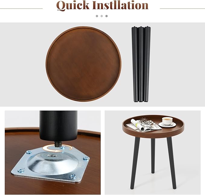 Giantex Round End Table Set of 2, Mid Century Modern Side Tables with Wooden Tray & Bamboo Legs, Sofa Couch Accent Table, Small Coffee Table for Small Space Living Room, Nightstand for Bedroom, Walnut