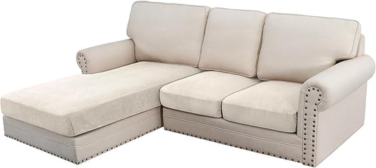 H.VERSAILTEX Velvet Stretch Sectional Couch Covers 3 Pieces, L Shape, Ivory Striped (Large Sofa 2 Seater + 1 Chaise)