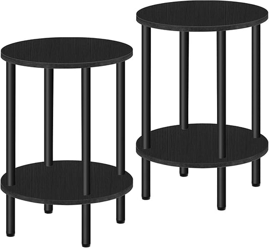 Side Table Set of 2, 2-Tier Round End Table, Small Nightstand with Sturdy Metal Tube, Industrial Coffee Table, for Living Room, Bedroom, Black TBZ01P2BB