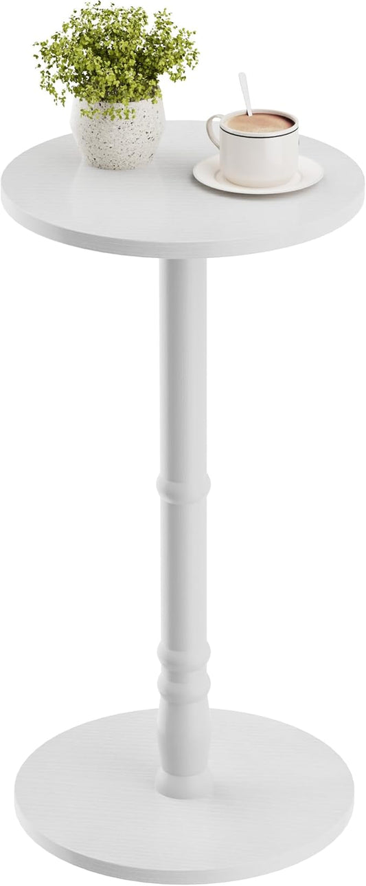 Round Side Table, Solid Wood Pillar with Wood Top & Base, Small Drink Accent Table for Living Room, Bedroom, Sofa & Office, Easy Assembly, White