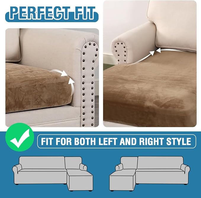 H.VERSAILTEX Velvet Stretch Sectional Couch Cover - 4 Pieces for L Shape Sofa With Separate Seat Cushion Covers - Fits Both Left/Right Sectional (Large 3 Seater + 1 Chaise, Camel)