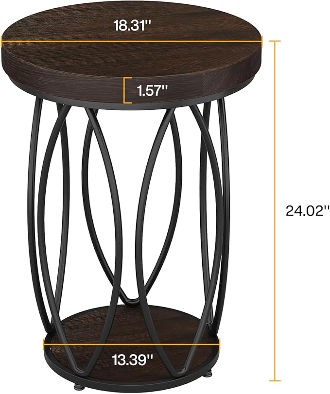 Tribesigns Round Side Table, Small End Table with Storage Shelf, Industrial Accent Bedside Table Couch Table with Metal Frame for Living Room, Bedroom (2)