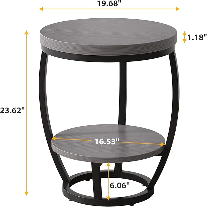 Round End Table, 2 Tier Industrial Side Table, Nightstand with Metal Frame, Accent Bedside Table with Storage Shelves for Living Room, Bedroom, Small Spaces, Gray Brown & Black