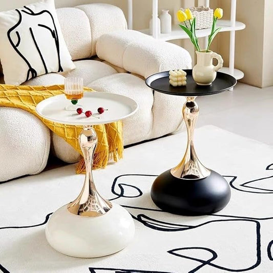 Modern Round Side Table with Gold Pedestal Base, Black Metal Top, Accent End Table for Living Room (Cream White+Black)
