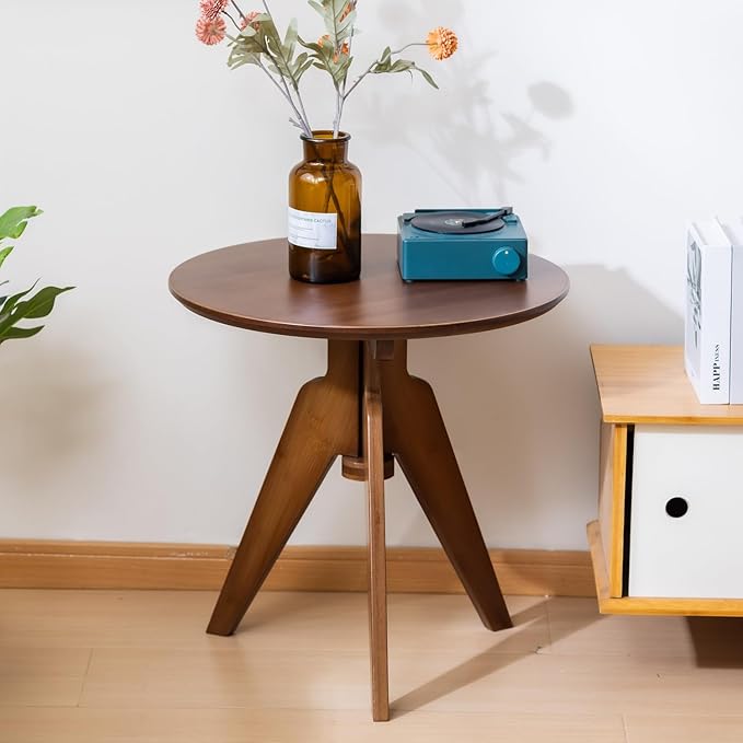 Maydear Bamboo Round Side Table Small Accent Table or Coffee Table for Living Room, Bedroom, or Office, Easy Assembly, 3-Leg Design