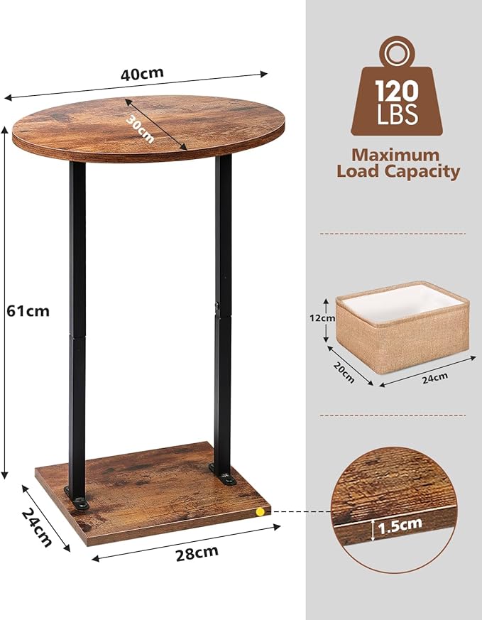 Eufrozy Small Side Table for Small Spaces, 24 inch Wooden Round End Table with Fabric Basket, Wood Accent Table for Couch Sofa Drink Sidetable Living Room Bedroom Rustic