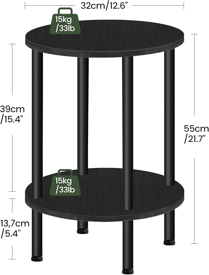 Side Table Set of 2, 2-Tier Round End Table, Small Nightstand with Sturdy Metal Tube, Industrial Coffee Table, for Living Room, Bedroom, Black TBZ01P2BB