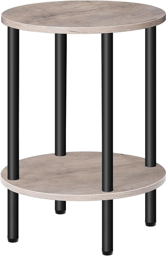 Round Side Table, 2-Tier End Table, Small Round Nightstand with Sturdy Metal Tube, Industrial Small Coffee Table, for Living Room, Bedroom, Greige and Black TBZ01BG