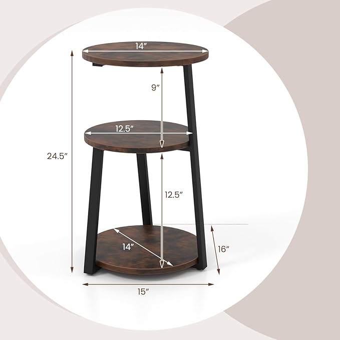 Giantex Round End Table Set of 2, Industrial Side Table with Sturdy Metal Frame, Coffee Table, 3-Tier Bedside Table for Bedroom, Living Room, Couch, Accent Table for Small Spaces, Rustic Brown