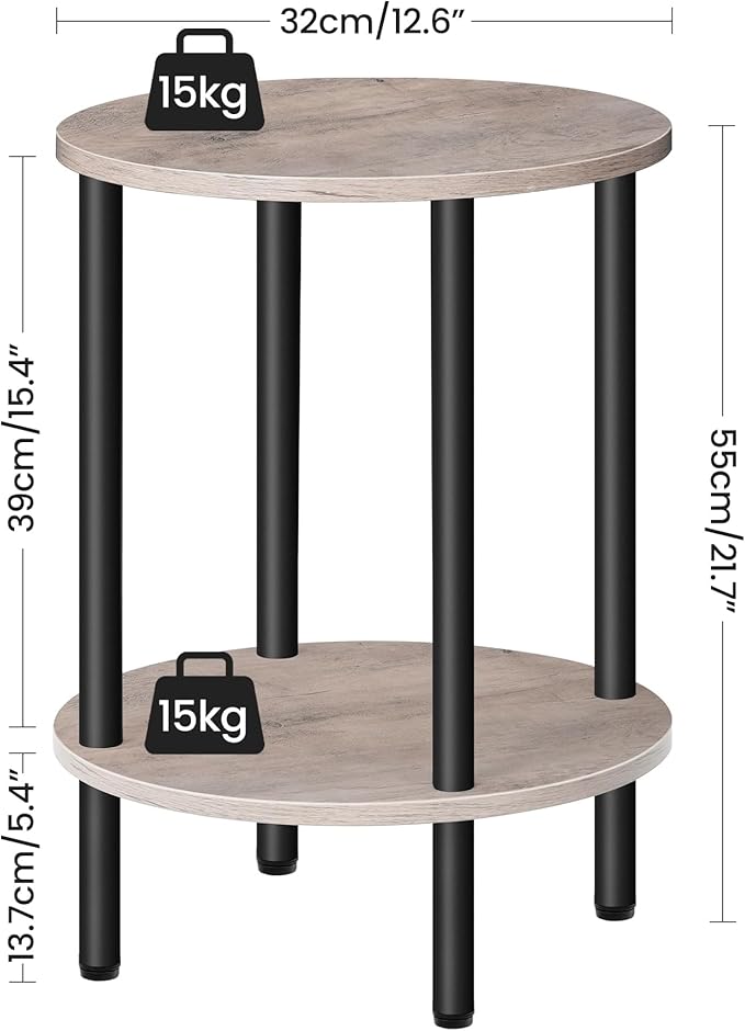 Round Side Table, 2-Tier End Table, Small Round Nightstand with Sturdy Metal Tube, Industrial Small Coffee Table, for Living Room, Bedroom, Greige and Black TBZ01BG
