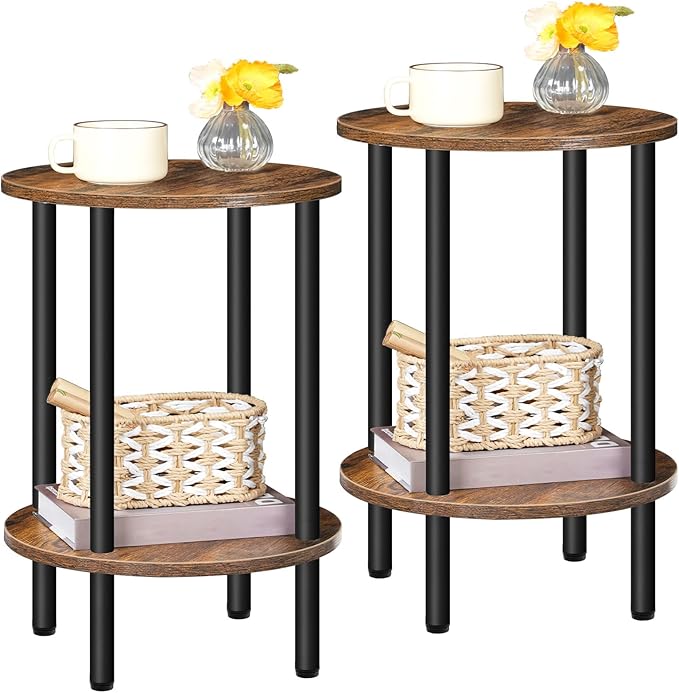Side Table Set of 2, 2-Tier Round End Table, Small Nightstand with Sturdy Metal Tube, Industrial Coffee Table, for Living Room, Bedroom, Rustic Brown and Black TBZ01P2BF