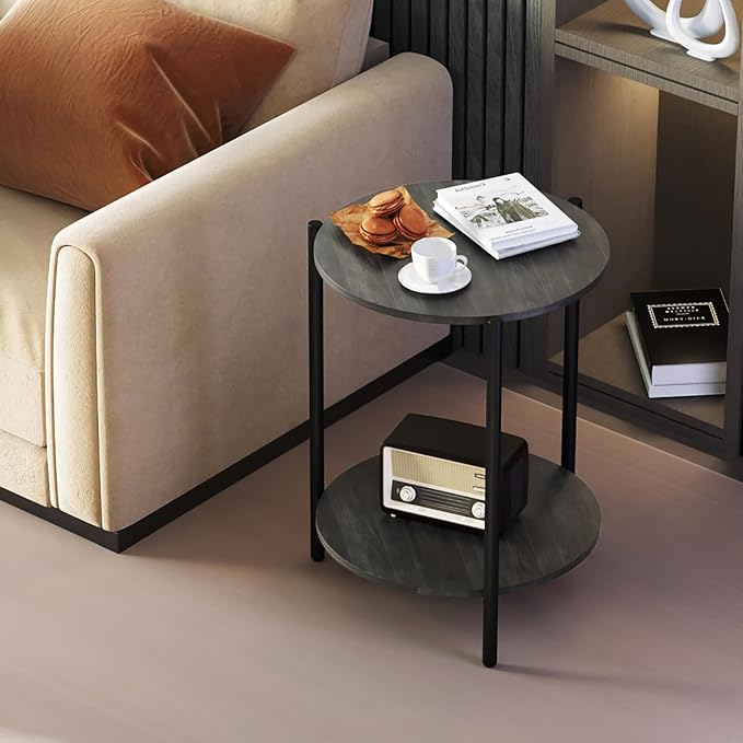 Round Side Table, 2-Tier Circle End Tables with Storage Wood Rustic 15.75" Small End Tables Farmhouse Side Table for Living Room Bedroom Balcony Small Spaces - Grey