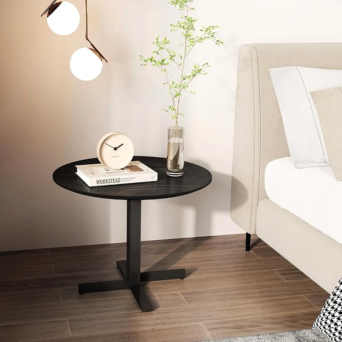 DUOMAY 24'' Small Modern Round Side Table, Mid-Century Wood Black End Table Drink Table, Corner Accent Table for Small Spaces Living Room Bedroom Outdoor