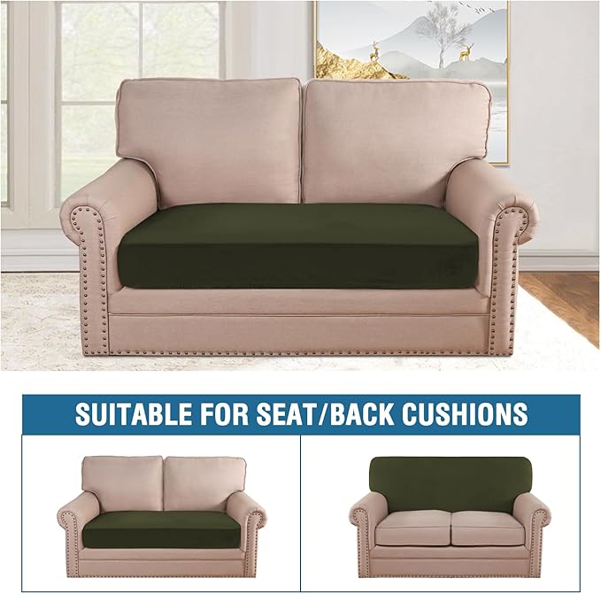 H.VERSAILTEX Velvet Stretch Individual Cushion Cover Plush Cushion Slipcover for Loveseat Sofa Furniture Protector Seat Cushion Sofa Cover (1 Piece Loveseat Cushion Cover, Olive)