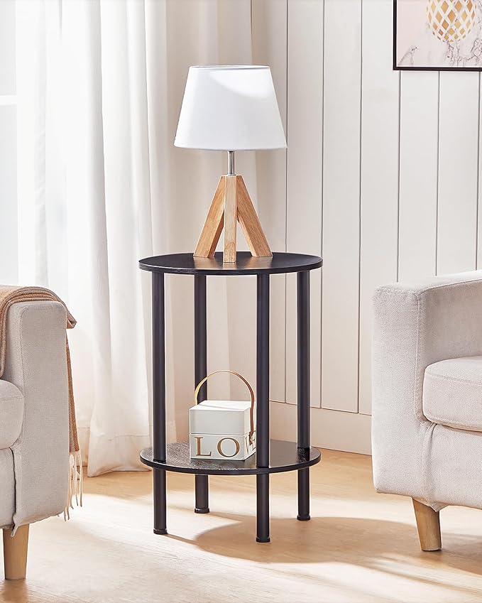 Side Table Set of 2, 2-Tier Round End Table, Small Nightstand with Sturdy Metal Tube, Industrial Coffee Table, for Living Room, Bedroom, Black TBZ01P2BB