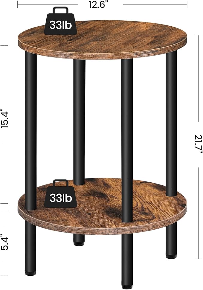 Side Table Set of 2, 2-Tier Round End Table, Small Nightstand with Sturdy Metal Tube, Industrial Coffee Table, for Living Room, Bedroom, Rustic Brown and Black TBZ01P2BF