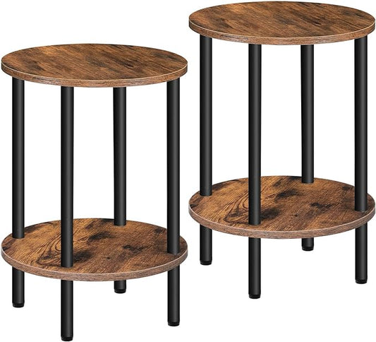 Side Table Set of 2, 2-Tier Round End Table, Small Nightstand with Sturdy Metal Tube, Industrial Coffee Table, for Living Room, Bedroom, Rustic Brown and Black TBZ01P2BF