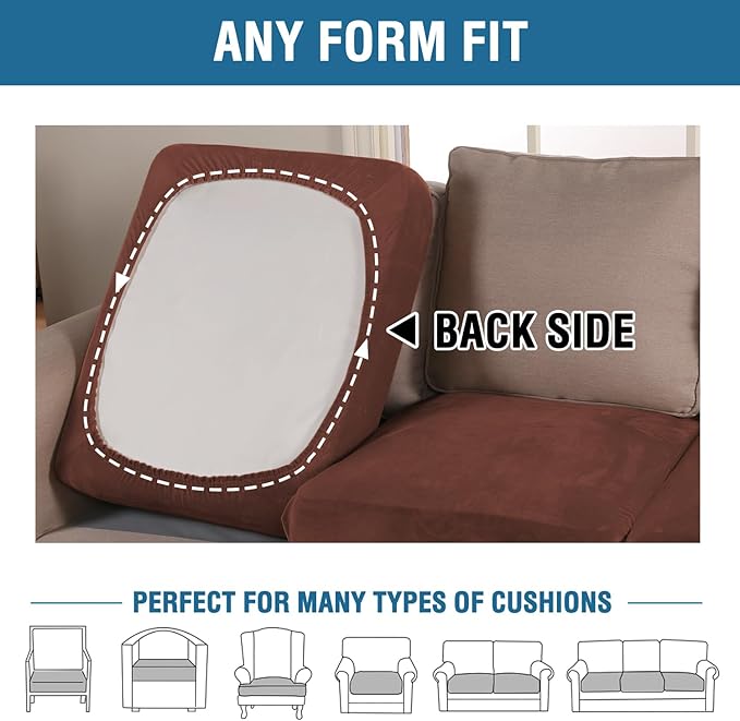 H.VERSAILTEX Velvet Stretch Couch Cushion Cover Plush Cushion Slipcover for Chair Loveseat Sofa Cushion Furniture Protector Seat Cushion Sofa Cover (3 Piece Sofa Cushion Covers, Burnt Brick)
