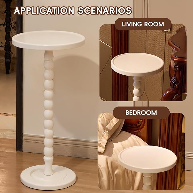 Small Accent Wood End Table, 12inch Round Bedside Table, Natural Side Table Nightstand for Family, Bedroom, Living Room, Handcrafted Finish, White