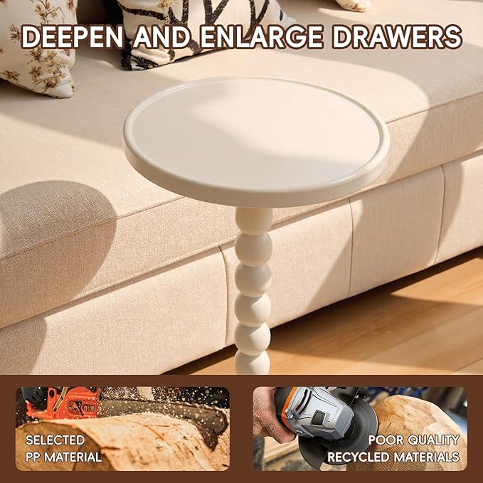 Small Accent Wood End Table, 12inch Round Bedside Table, Natural Side Table Nightstand for Family, Bedroom, Living Room, Handcrafted Finish, White