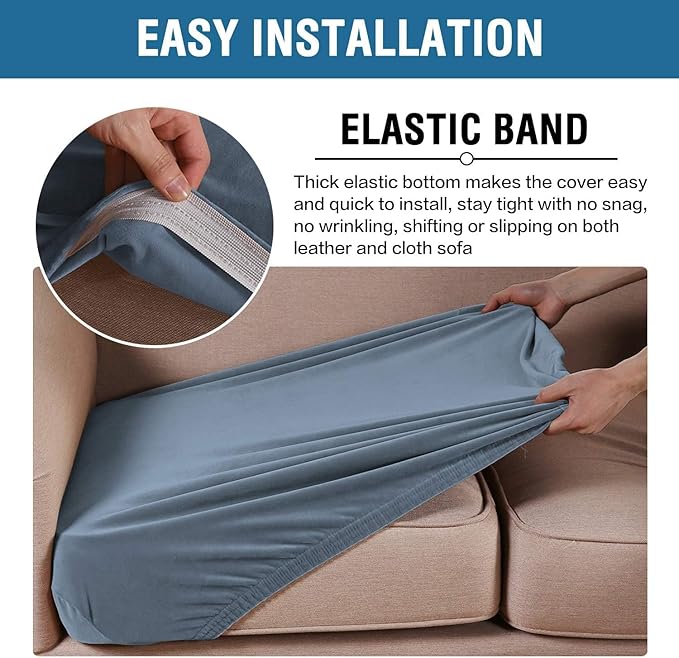 H.VERSAILTEX Velvet Stretch Couch Cushion Cover Plush Cushion Slipcover for Chair Loveseat Sofa Cushion Furniture Protector Seat Cushion Sofa Cover (2 Piece Large Sofa Cushion Covers, Stone Blue)