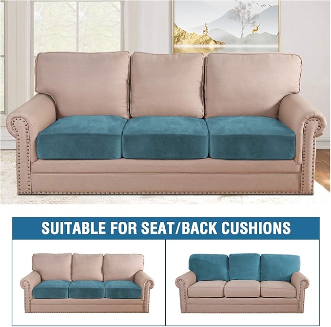 H.VERSAILTEX Velvet Stretch Couch Cushion Cover Plush Cushion Slipcover for Chair Loveseat Sofa Cushion Furniture Protector Seat Cushion Sofa Cover (3 Piece XL Sofa Cushion Covers, Peacock Blue)
