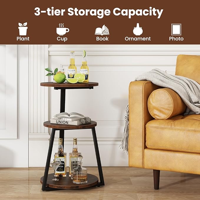 Giantex Round End Table Set of 2, Industrial Side Table with Sturdy Metal Frame, Coffee Table, 3-Tier Bedside Table for Bedroom, Living Room, Couch, Accent Table for Small Spaces, Rustic Brown
