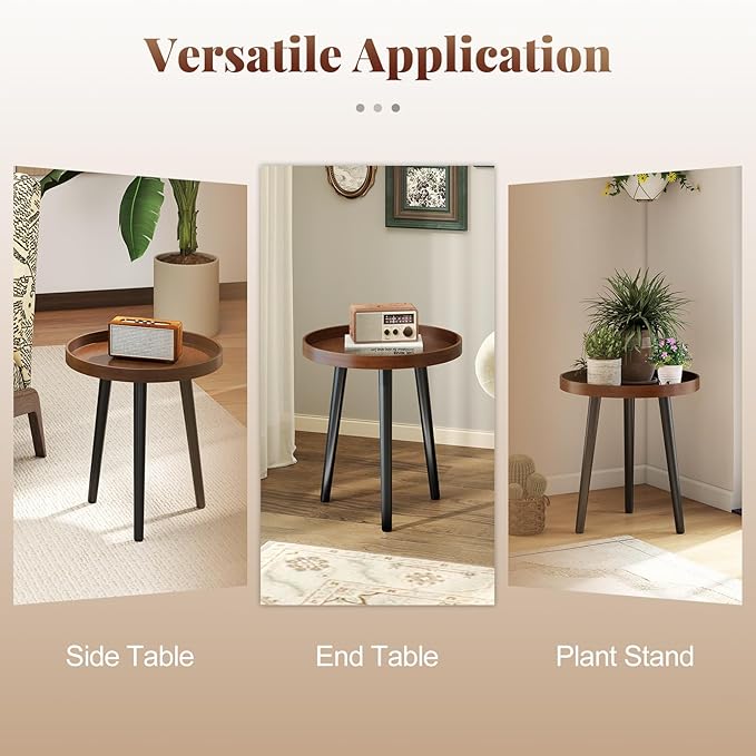 Giantex Round End Table Set of 2, Mid Century Modern Side Tables with Wooden Tray & Bamboo Legs, Sofa Couch Accent Table, Small Coffee Table for Small Space Living Room, Nightstand for Bedroom, Walnut