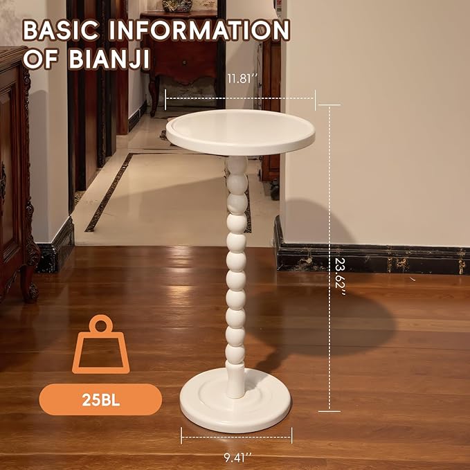 Small Accent Wood End Table, 12inch Round Bedside Table, Natural Side Table Nightstand for Family, Bedroom, Living Room, Handcrafted Finish, White