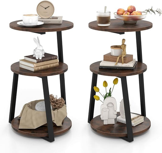 Giantex Round End Table Set of 2, Industrial Side Table with Sturdy Metal Frame, Coffee Table, 3-Tier Bedside Table for Bedroom, Living Room, Couch, Accent Table for Small Spaces, Rustic Brown
