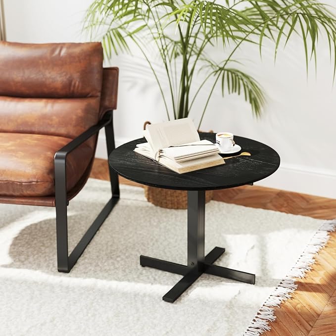 DUOMAY 24'' Small Modern Round Side Table, Mid-Century Wood Black End Table Drink Table, Corner Accent Table for Small Spaces Living Room Bedroom Outdoor