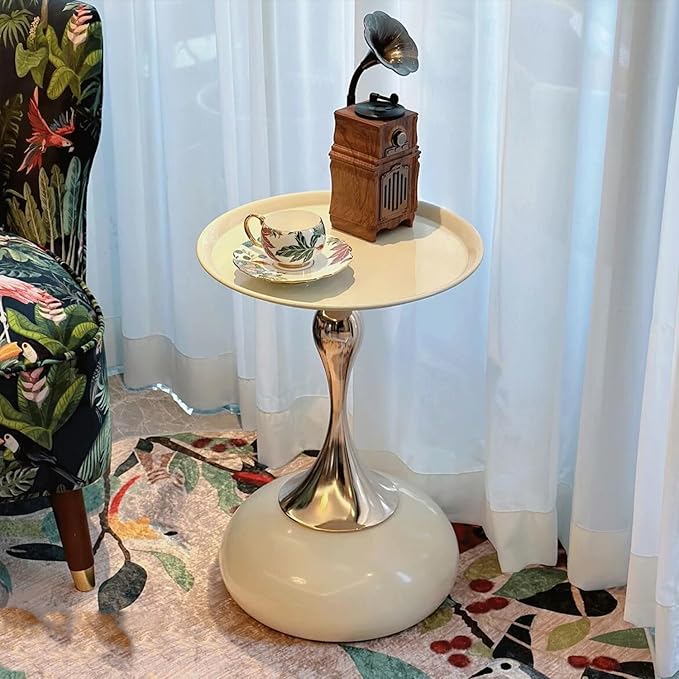 Modern Round Side Table with Gold Pedestal Base, Black Metal Top, Accent End Table for Living Room (White)