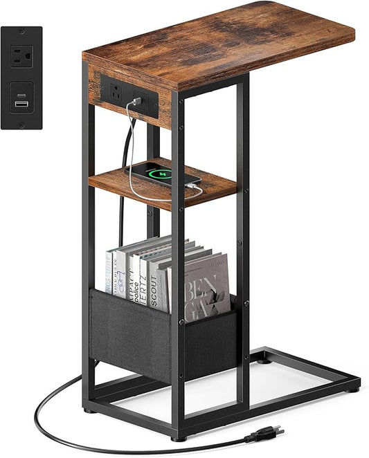 C Shaped End Table with Charging Station, Small Side Table for Couch Recliner, Slide Under Sofa Desk Snack Tables with Storage Bag & AC / USB Outlet, Small Spaces Drink Tables for Living Room, Bedroom