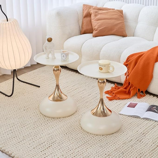 Modern Round Side Table with Gold Pedestal Base, Black Metal Top, Accent End Table for Living Room (Cream White+Cream White)