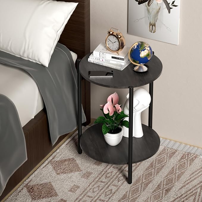 Round Side Table, 2-Tier Circle End Tables with Storage Wood Rustic 15.75" Small End Tables Farmhouse Side Table for Living Room Bedroom Balcony Small Spaces - Grey