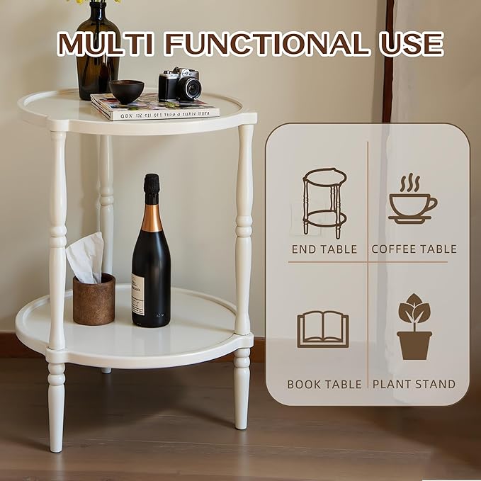 Accent Wood End Table, 2-Tier Round Bedside Table, Natural Side Table Nightstand for Family, Bedroom, Living Room, Handcrafted Finish, White
