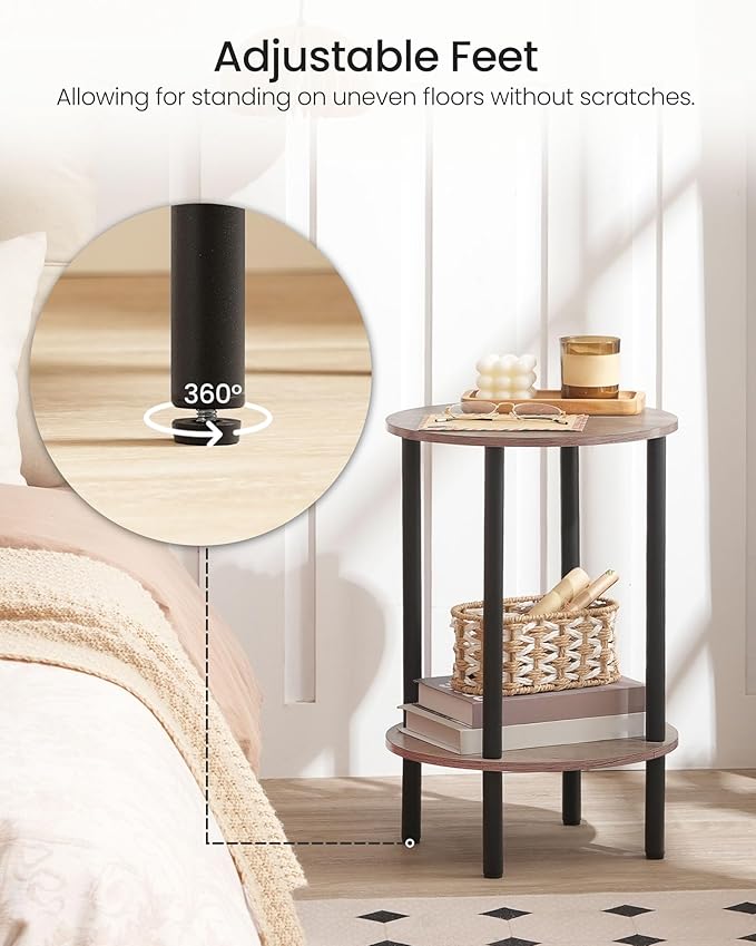 Round Side Table, 2-Tier End Table, Small Round Nightstand with Sturdy Metal Tube, Industrial Small Coffee Table, for Living Room, Bedroom, Greige and Black TBZ01BG