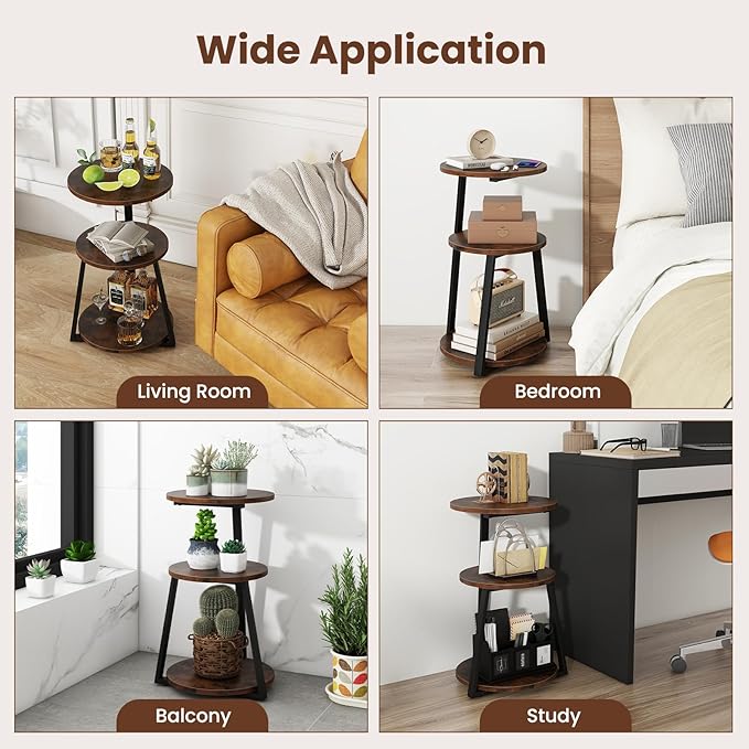 Giantex Round End Table Set of 2, Industrial Side Table with Sturdy Metal Frame, Coffee Table, 3-Tier Bedside Table for Bedroom, Living Room, Couch, Accent Table for Small Spaces, Rustic Brown
