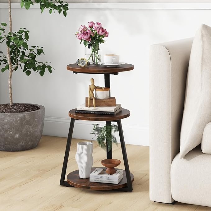 Giantex Round End Table Set of 2, Industrial Side Table with Sturdy Metal Frame, Coffee Table, 3-Tier Bedside Table for Bedroom, Living Room, Couch, Accent Table for Small Spaces, Rustic Brown