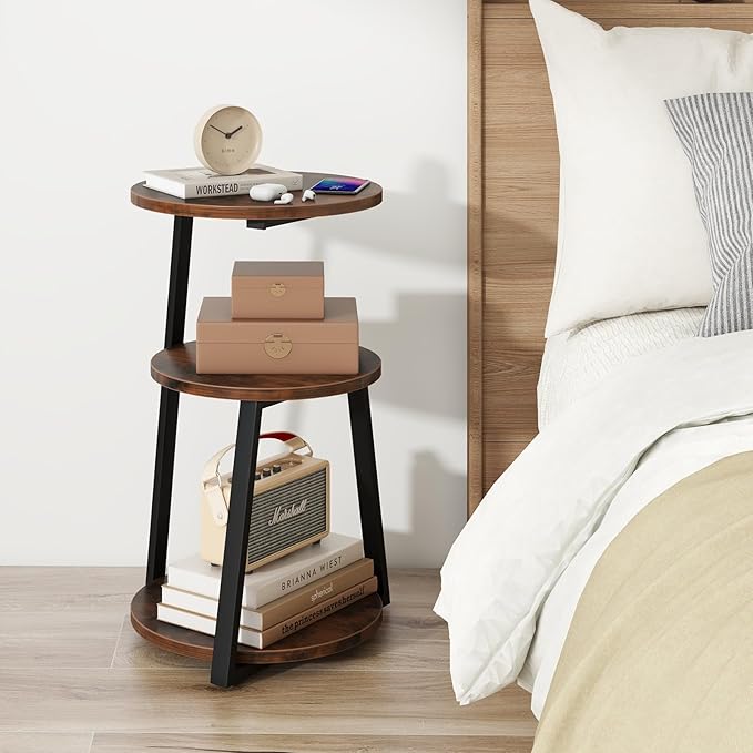 Giantex Round End Table Set of 2, Industrial Side Table with Sturdy Metal Frame, Coffee Table, 3-Tier Bedside Table for Bedroom, Living Room, Couch, Accent Table for Small Spaces, Rustic Brown